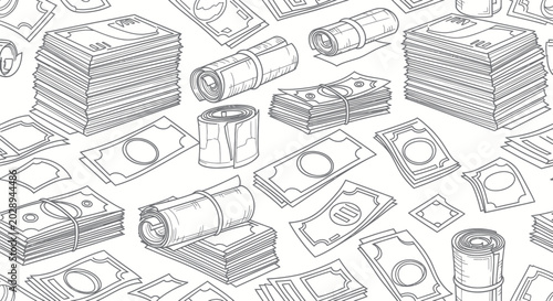 Tableau sur toile Seamless pattern of hand-drawn money stacks and rolls, dollar bills illustration