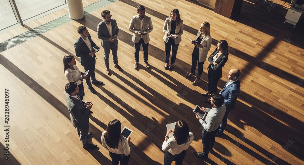 Obraz premium A diverse group of professionals stands in a circle on a wooden floor, engaged in a discussion or meeting.
