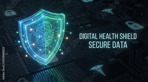 A futuristic digital shield symbolizing data security in health, featuring a fingerprint and circuit design, emphasizes safeguarding personal information.