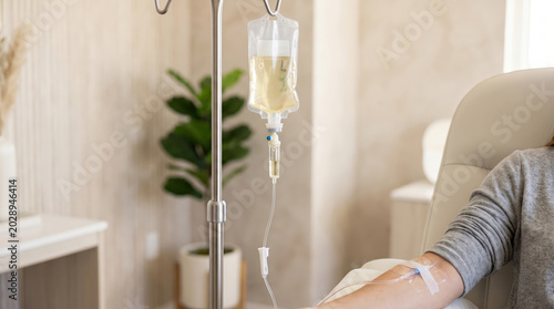 Intravenous iv drip with clear vitamin solution infusing into patient's arm in modern clinic for health wellness and medical treatment