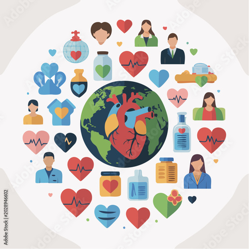 Global healthcare and wellness concept with earth heart icons