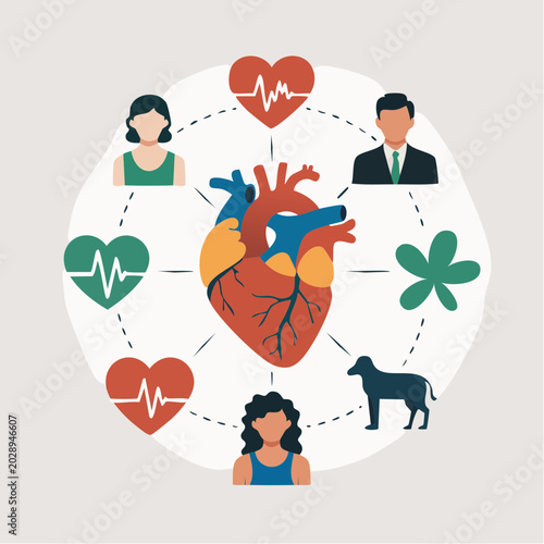 heart health care medical illustration with people and pets