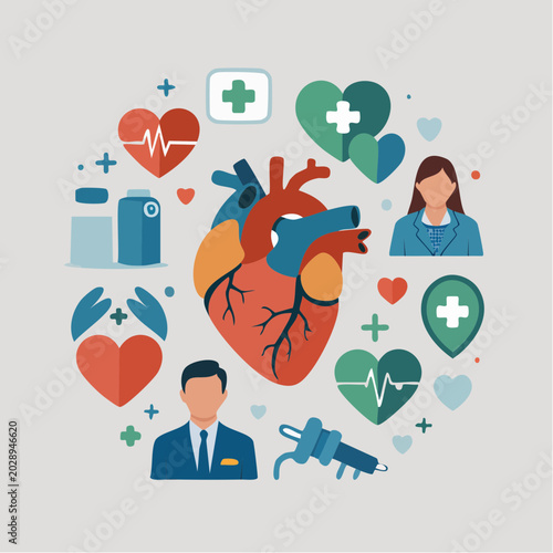 Colorful flat illustration of heart health medical icons and symbols