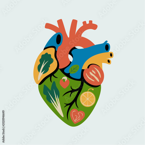 Healthy heart with fruits and vegetables illustration