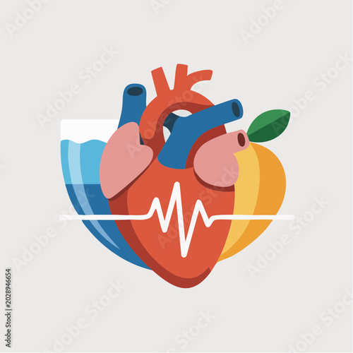 Healthy heart with fruit and water illustration cardiovascular wellnes