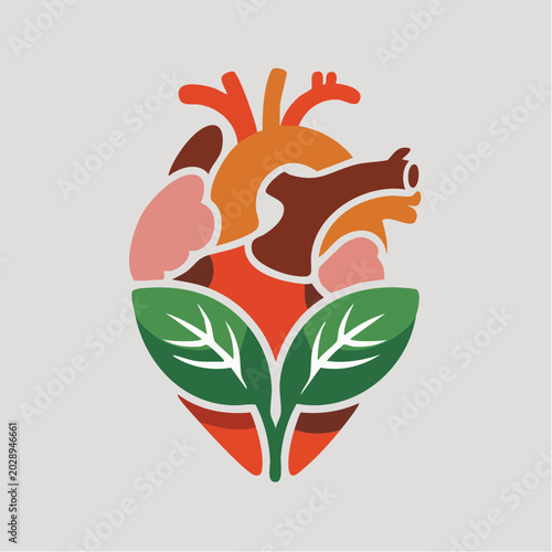 Heart with green leaves illustration, colorful organ design