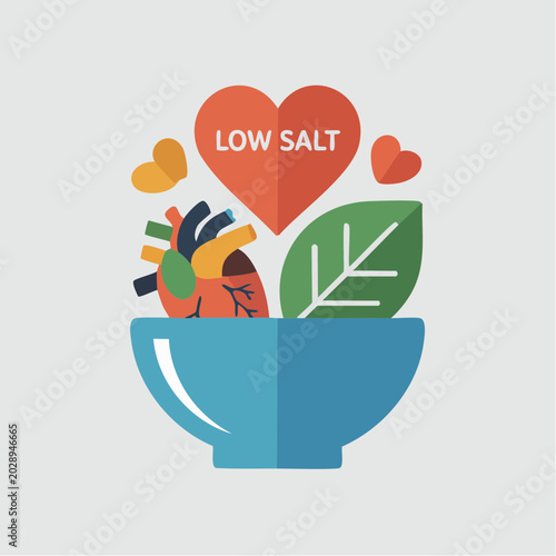 Low salt healthy food bowl illustration with heart