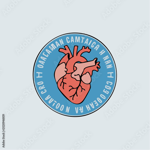 Anatomical heart illustration with foreign text circular emblem design