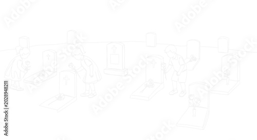 Photography Children Mourning at Cemetery Gravesites, Sketchy Outline Drawing, Sadness and R