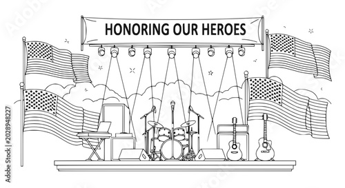 Photos Honoring Our Heroes Stage with American Flags, Musical Instruments, and Lights