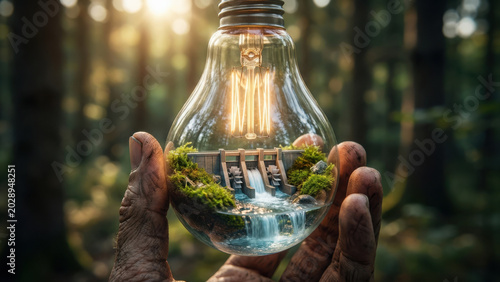 Renewable Green Energy Concept with Hydroelectric Dam in Light Bulb