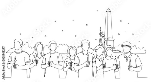 Foto Diverse people holding candles at night, memorial monument background, unity, re