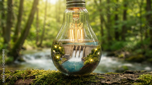 Hydroelectric Power in Glowing Light Bulb Over Forest, a concept for green & sustainability energy