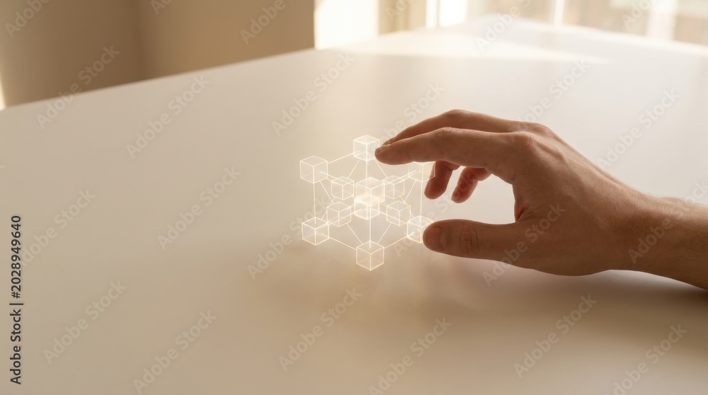 Obraz premium Person's hand gently touching a white object illustrating the concept of artificial intelligence in economic transformation