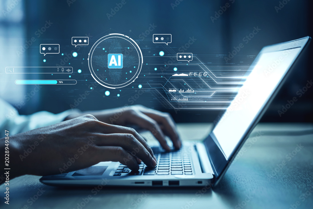 Obraz premium An AI powered search engine with a conversational interface. This smart assistant can process queries, analyze data, and provide insights. Motif