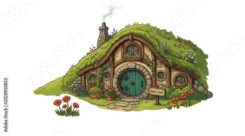 Whimsical illustration of a fantasy hobbit house with green door and mossy roof surrounded by vibrant flowers and a sign that reads bag end evoking a sense of serenity and wonder
