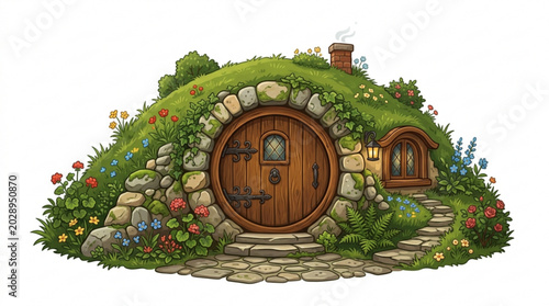 Whimsical hobbit house with round door and colorful flowers in a lush green landscape