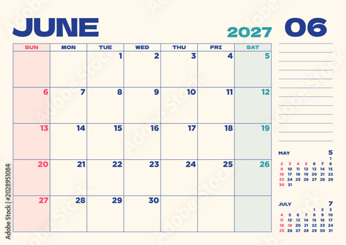 Foto 2027年卓上カレンダー：6月、日本の祝日入り、日曜始まり