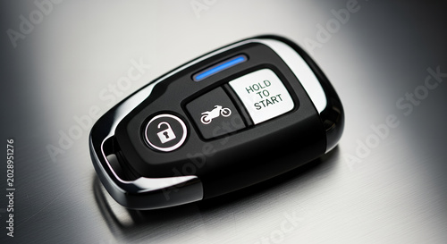 Close up of a black wireless car key with electronic remote control buttons isolated on a white background