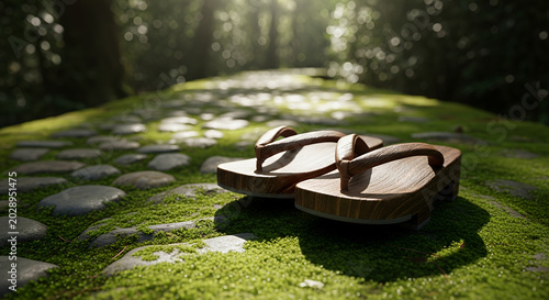 Elegant bridal shoes and wedding rings on the green grass next to a wooden bench in a summer park