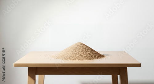 Empty classic wooden dining table and chairs in a minimalist home interior room with light from the window