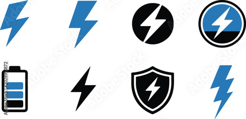 Energy power icons featuring lightning bolts battery and shield symbol.