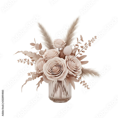 Dried beige roses in glass vase.