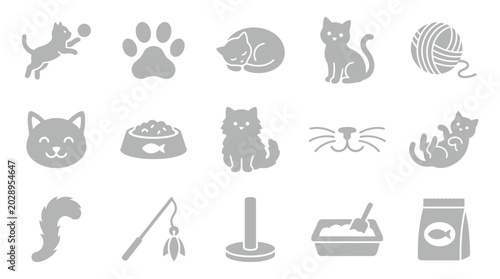 Fotografie Collection of cat-related icons and symbols, including playful cats, food, toys, and litter box