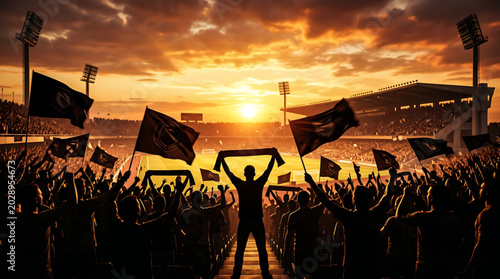 Dramatic sunset illuminates a packed stadium as devoted sports fans passionately cheer, waving flags and scarves in a thrilling display of collective excitement and unity