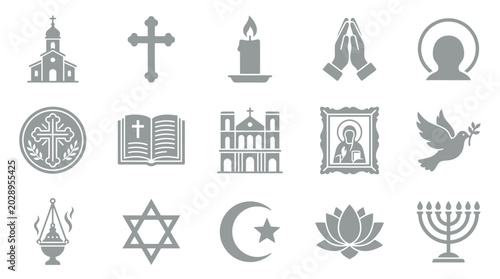 Schilderij op canvas Collection of religious symbols and icons representing various faiths and beliefs, including Christianity, Judaism, Islam, and Buddhism