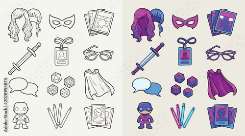 Photography Collection of superhero and role-playing game elements, presented in both line art and vibrant color versions