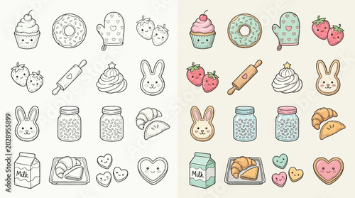 Fotografía Collection of cute kawaii baking and food illustrations, including cupcakes, donuts, strawberries, and pastries, in both outline and colored versions