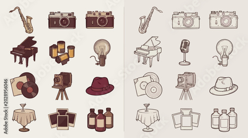 Canvastavla Collection of vintage icons representing music, photography, and entertainment from a bygone era