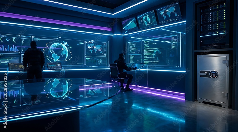 Fototapeta premium A high-tech security operations center with multiple screens displaying global data and a large vault door.