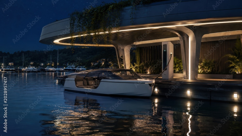 Fototapeta premium Modern waterfront house with illuminated dock and luxury boat at dusk