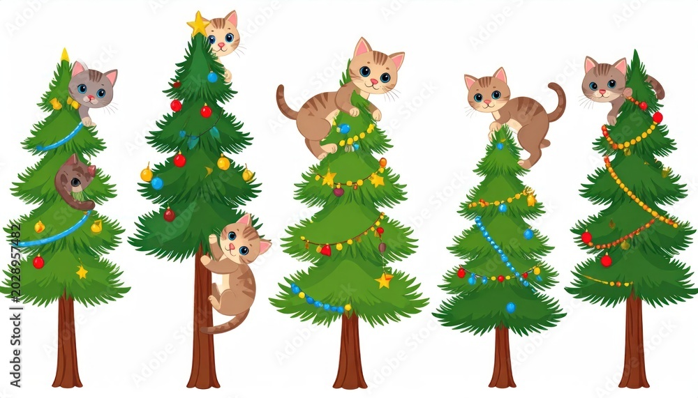Naklejka premium Playful Cartoon Cat Climbing Decorated Christmas Tree on White Background