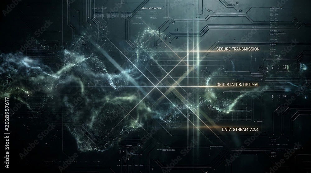 Obraz premium Abstract dark background with glowing digital smoke and futuristic data lines, representing advanced technology and complex systems.