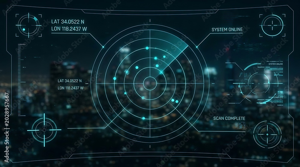 Fototapeta premium A futuristic digital radar interface displaying scan results over a dark cityscape at night, with glowing targets and system information.