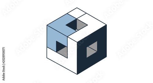 3D isometric cube with cutouts and blue accents.