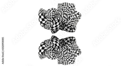 3D organic shapes with black and white checkerboard pattern.