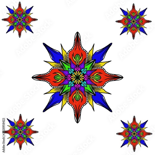 A colorful mandala design with intricate patterns and shapes in red, blue, green, and yellow on a white background, featuring a large central motif surrounded by smaller symmetrical designs.