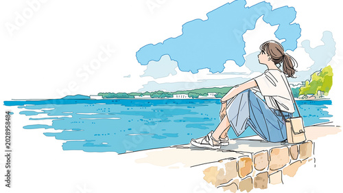 海岸で座って休む女性とバッグを描いた、ナチュラルな線画と水彩表現のイラスト作品、旅行や休日のリラックスした空気が伝わる素材、海景色、旅情、水彩イラスト、手描き、女性、女の子、海、海辺、海岸、夏、夏休み、旅、旅行、観光、リゾート、帽子、ワンピース、バッグ、サンダル、後ろ姿、横顔、ひとり時間、休日、癒やし、風景、余白、シンプル、かわいい、上品、背景、挿絵、広告、ブログ、ポスター、ストック素材、商用利用