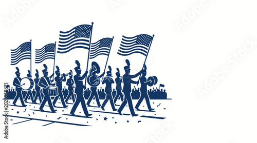 Billede på lærred American Marching Band Parading with Flags Illustration.