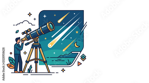 Quadro su tela An illustration of an astronomer using a telescope to observe a meteor shower