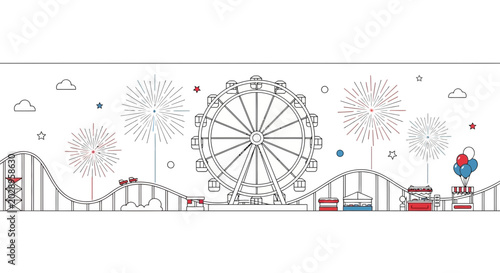 Bild auf Leinwand Amusement park illustration with ferris wheel and roller coaster.