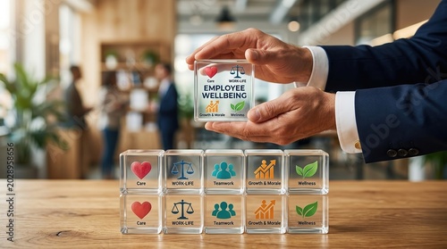 Employee Wellbeing, Corporate Culture, Human Resources, Work Life Balance, Mental Health, Professional Growth, Business Management concept using glass blocks and office background.