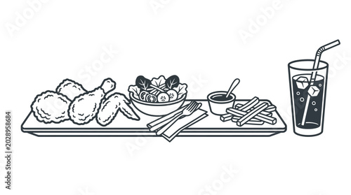 Tableau sur toile Black and white line art illustration of a fried chicken meal platter with a drink
