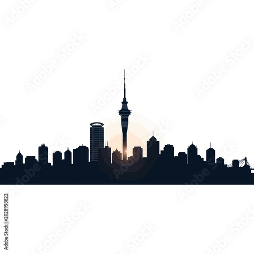 Auckland City Skyline Silhouette at Sunset