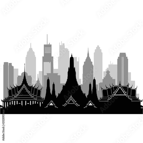 Bangkok Skyline Silhouette: Wat Arun Temple and Modern City Buildings