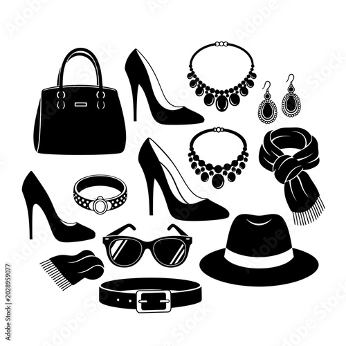 Fashion Accessories Silhouette Collection: Handbag, Shoes, Jewelry, Scarf, Hat, Belt, Sunglasses